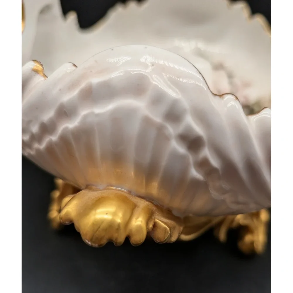 Vintage Hand Painted Floral Porcelain Centerpiece Bowl Gold Gilt Cherub Footed